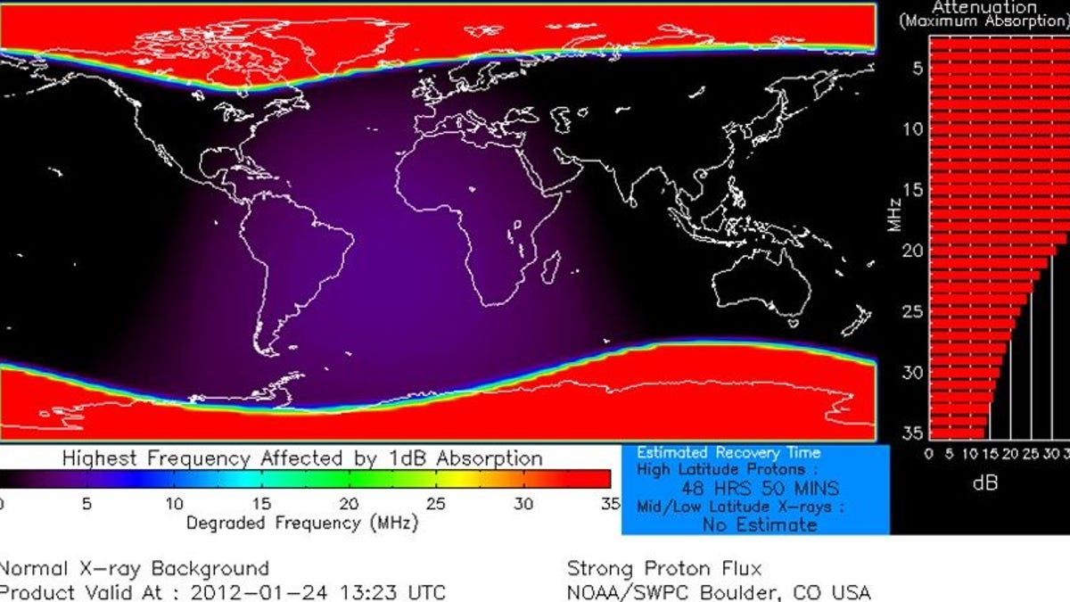 The red regions show where the high-energy particles that erupted from the sun's surface on Sunday are entering the Earth's upper atmosphere.