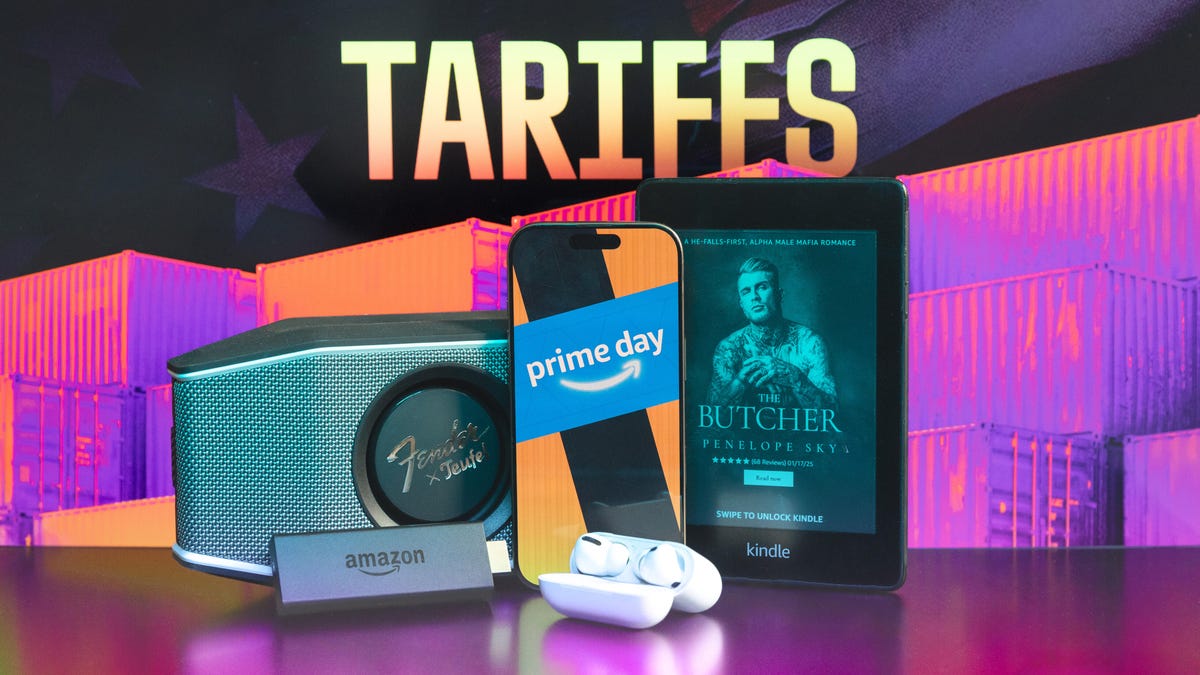 Amazon Prime Day product deals with shipping containers and Tariff text overlaid
