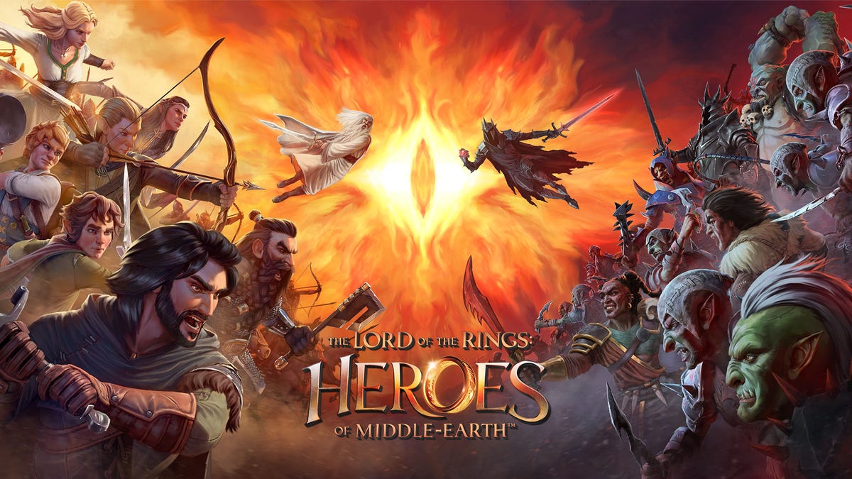 A stylish splash image showing heroes on the left like Aragorn and Frodo pitted against villainous orcs and goblins on the right, with the game's logo in the center.