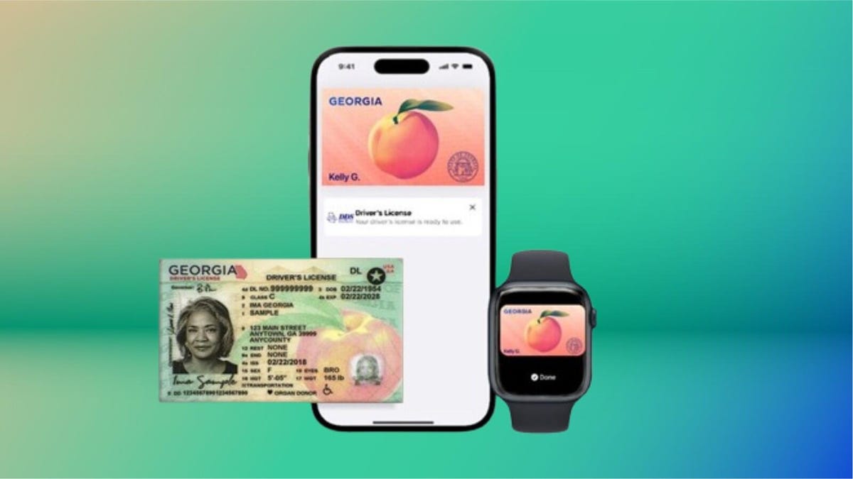 a Georgia driver's license sits next to a version of the ID on an iPhone and on an Apple Watch
