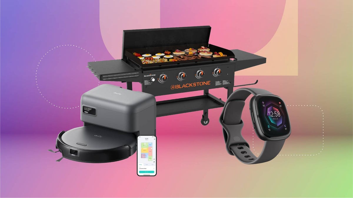 A robot vacuum, griddle and smartwatch against a purple/pink gradient CNET background.
