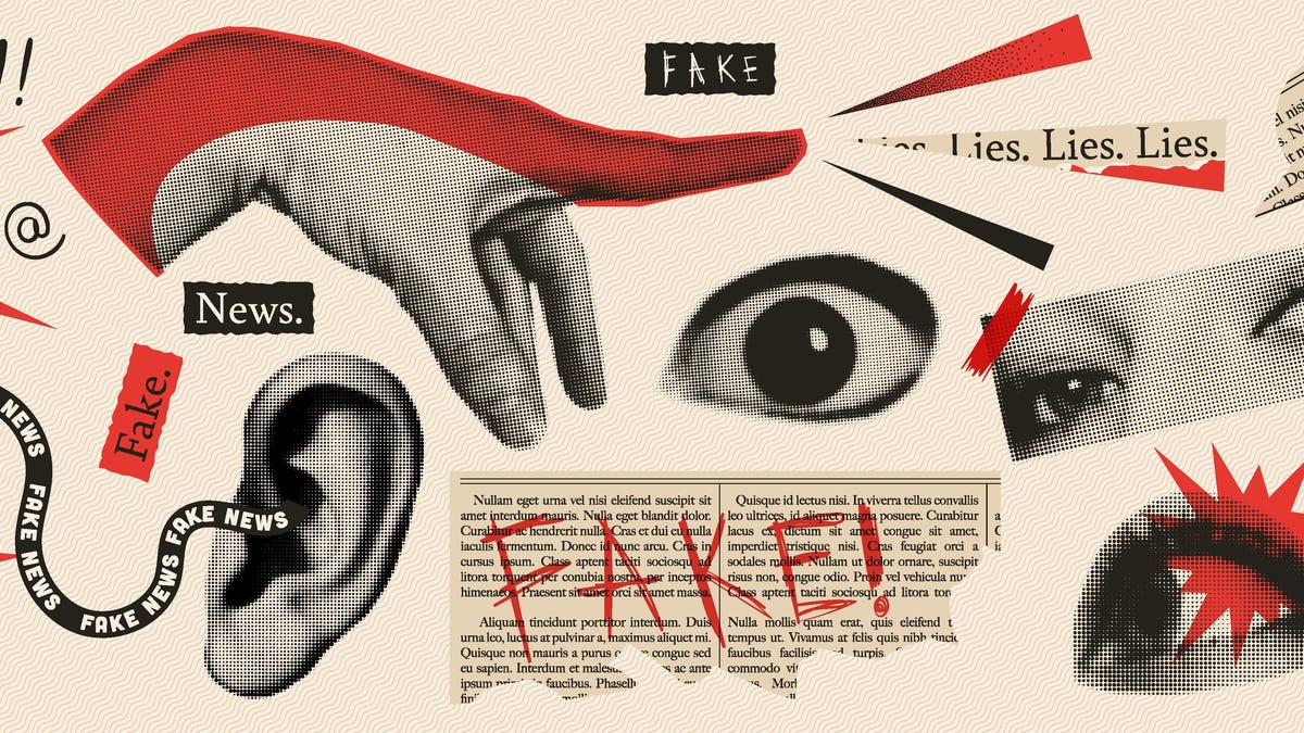 A collage of lips, ears, eyes and fingers, along with text about fake content and lies.