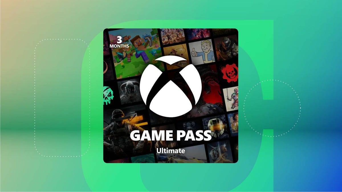 Xbox Game Pass Ultimate voucher on green gradient CNET background.