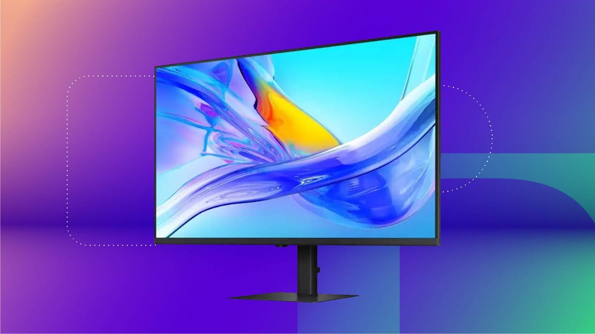 A ViewFinity S8 monitor against a purple gradient CNET background.
