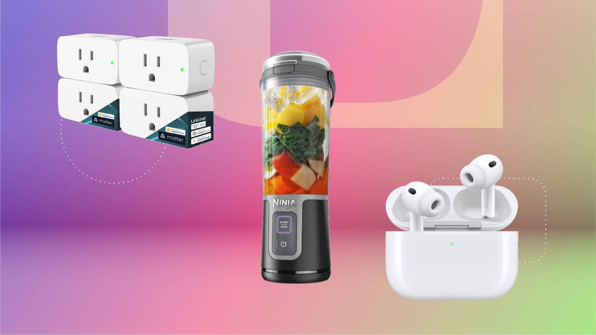 A blender, pair of earbuds and pack of smart plugs against a purple/pink gradient CNET background.