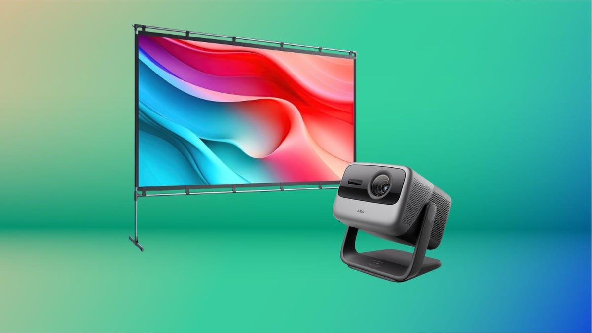 JMGO projector and screen on a blue and green background