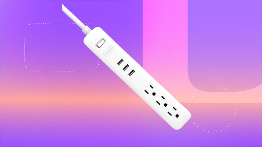 A white Wyze surge protector against a violet CNET background.