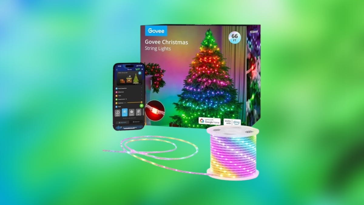 Govee Christmas String lights displayed next to packaging against a gradient blue green background