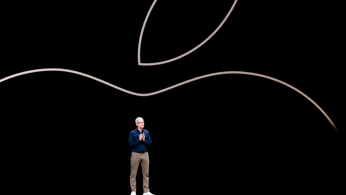 Tim Cook on stage with the Apple logo apple-event-091218