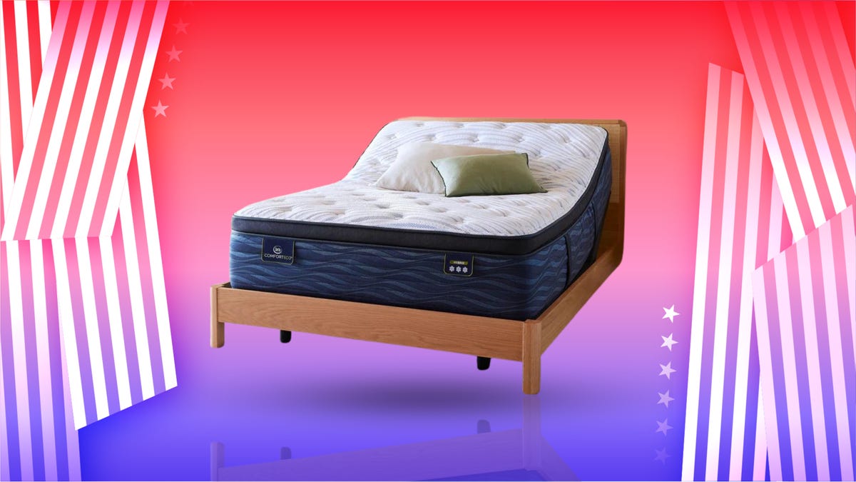 The Serta iComfortECO Quilted Hybrid mattress is displayed against a red, white and blue background.