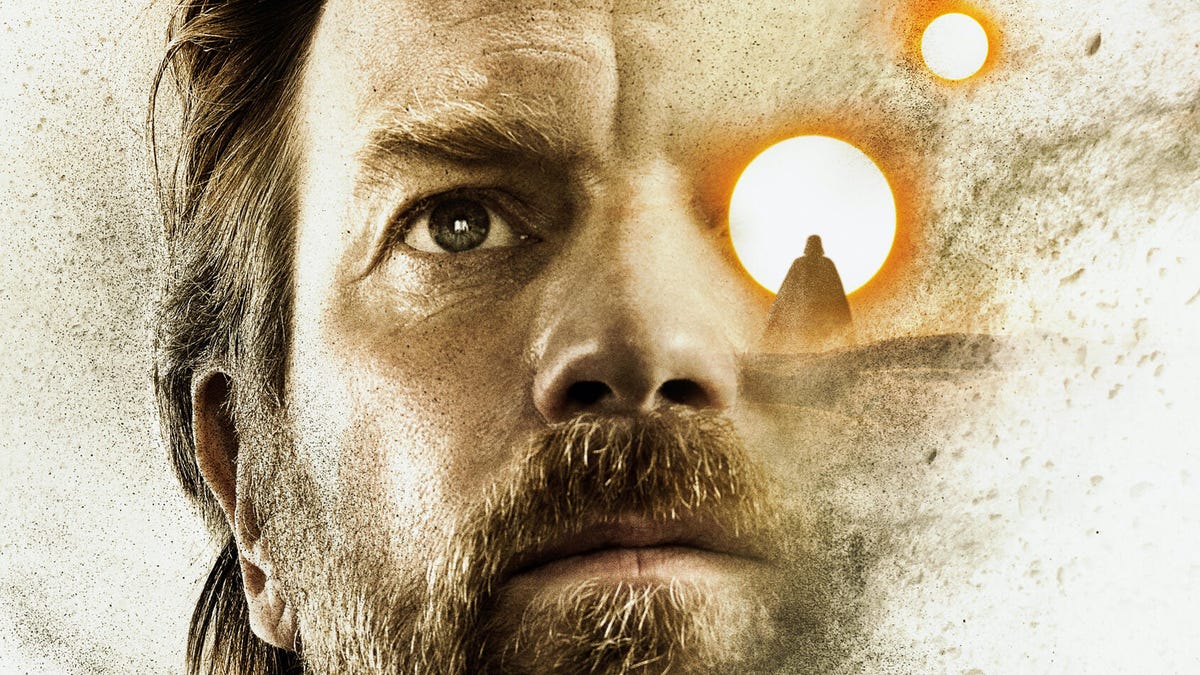 Obi-Wan Kenobi's head is juxtaposed with an image of Darth Vader silhouetted against one of Tatooine's twin suns