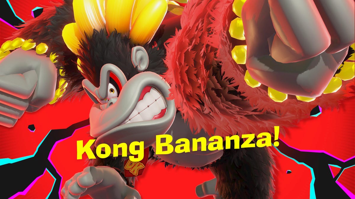 A screenshot of Donkey Kong in a powered-up Bananza mode.
