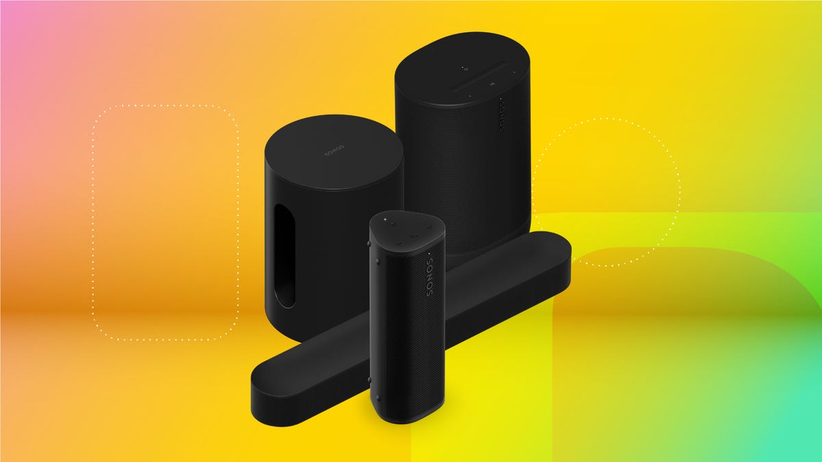 Several pieces of Sonos audio equipment are shown on a gradient orange CNET background.