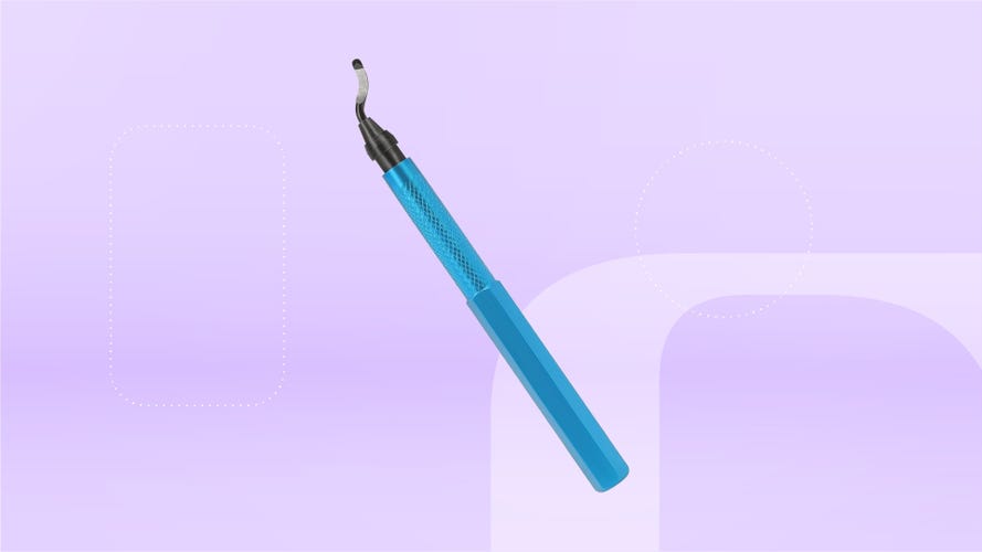 A blue deburring tool on a purple background