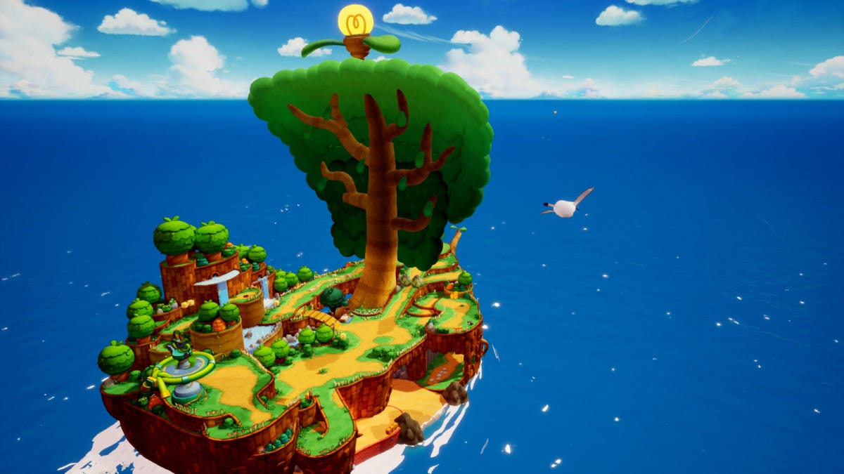 An island-sized and shaped ship on an ocean, in Nintendo's game Mario & Luigi Brothership
