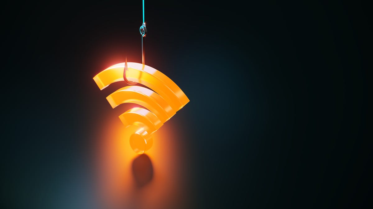 Orange Colored Wi-Fi Symbol And Fishing Hook On Black Background - Phishing Concept