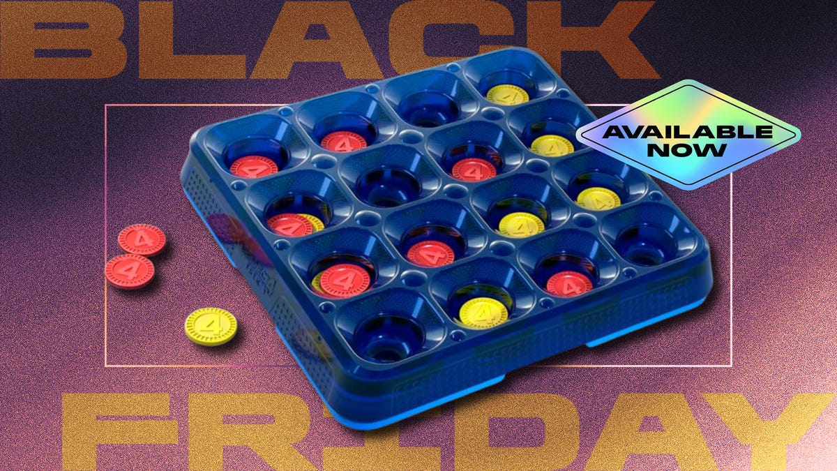 The Connect 4 Frenzy board and red and yellow bounce disks are shown on a black and purple background reading "Black Friday" with a sticker that says "Available Now."
