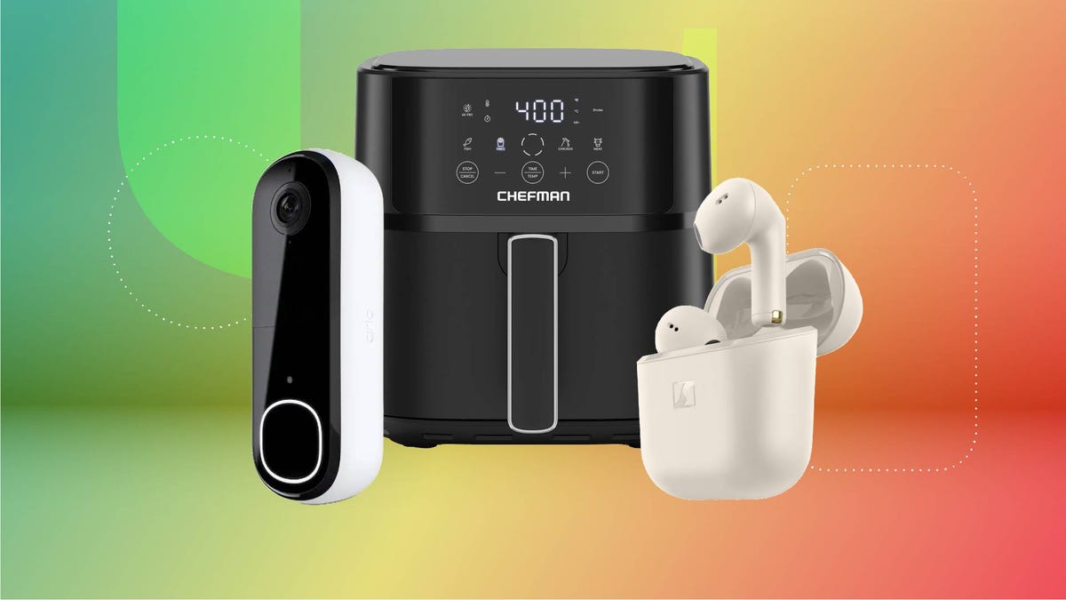 A video doorbell, air fryer and pair of earbuds against green and red gradient CNET background.