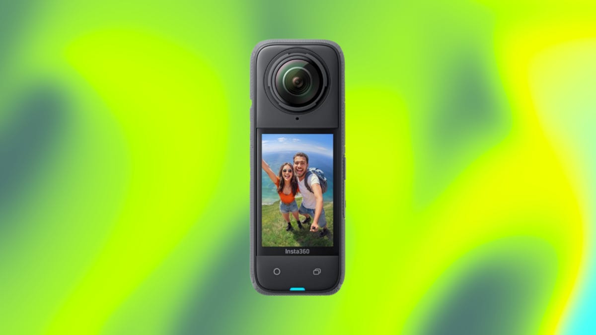 Insta360 X4 action camera displayed against a gradient green and yellow background