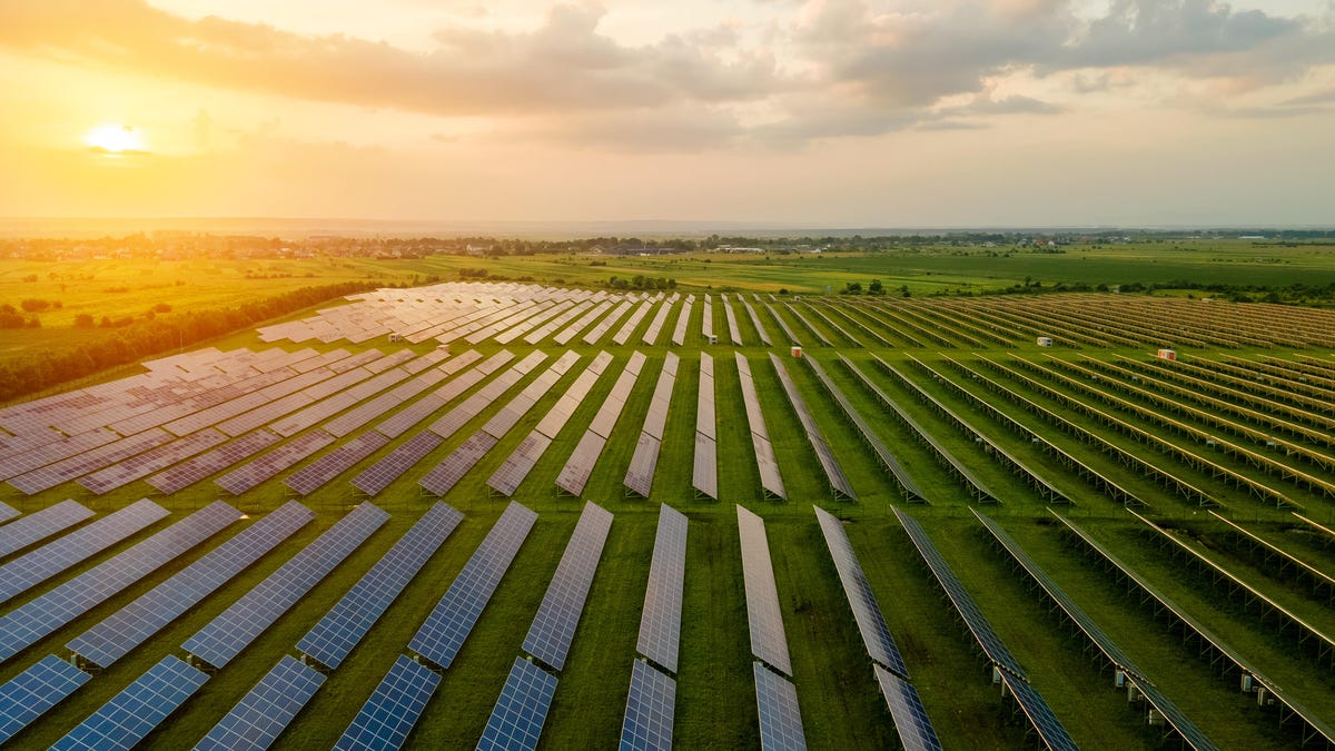 Sunrise over a solar farm.