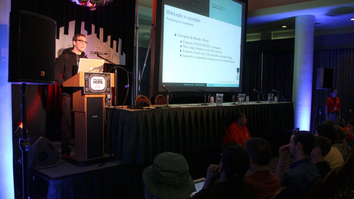 Jacob Appelbaum, Tor Project programmer and Wikileaks contributor, speaking at The Next HOPE hacker conference in Manhattan on Saturday.