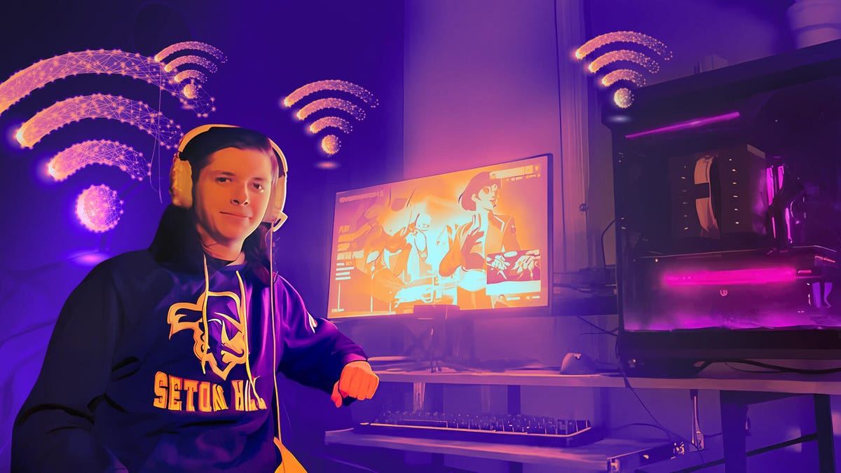 Tyler in front of his gaming setup with glowing wi-fi symbols floating against a purple colorized room.