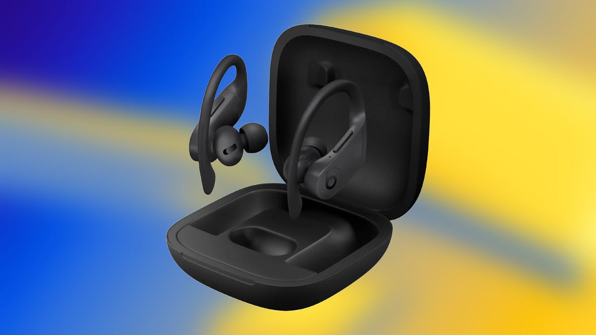 Beats Powerbeats Pro earbuds on Best Buy blue/yellow CNET background