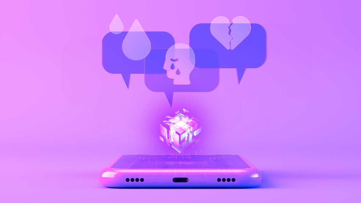 purple phone with text bubbles that show heart break and sadness