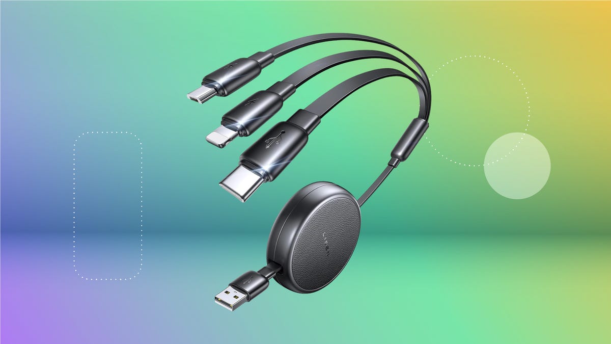 The Lisen three-in-one charger is shown against a gradient purple, green and yellow CNET background.