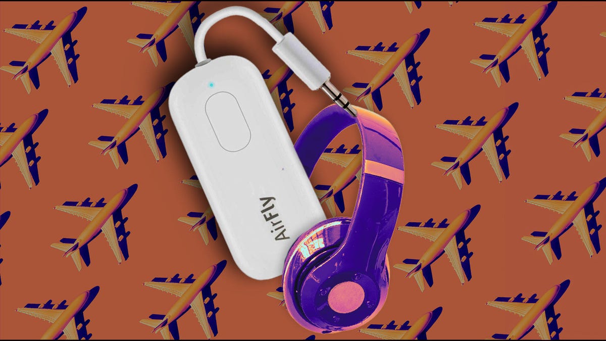 The AirFly Pro Bluetooth adapter is displayed against a blue and orange pattern of airplanes.