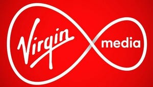 The logo for broadcaster Virgin Media logo on a red background.