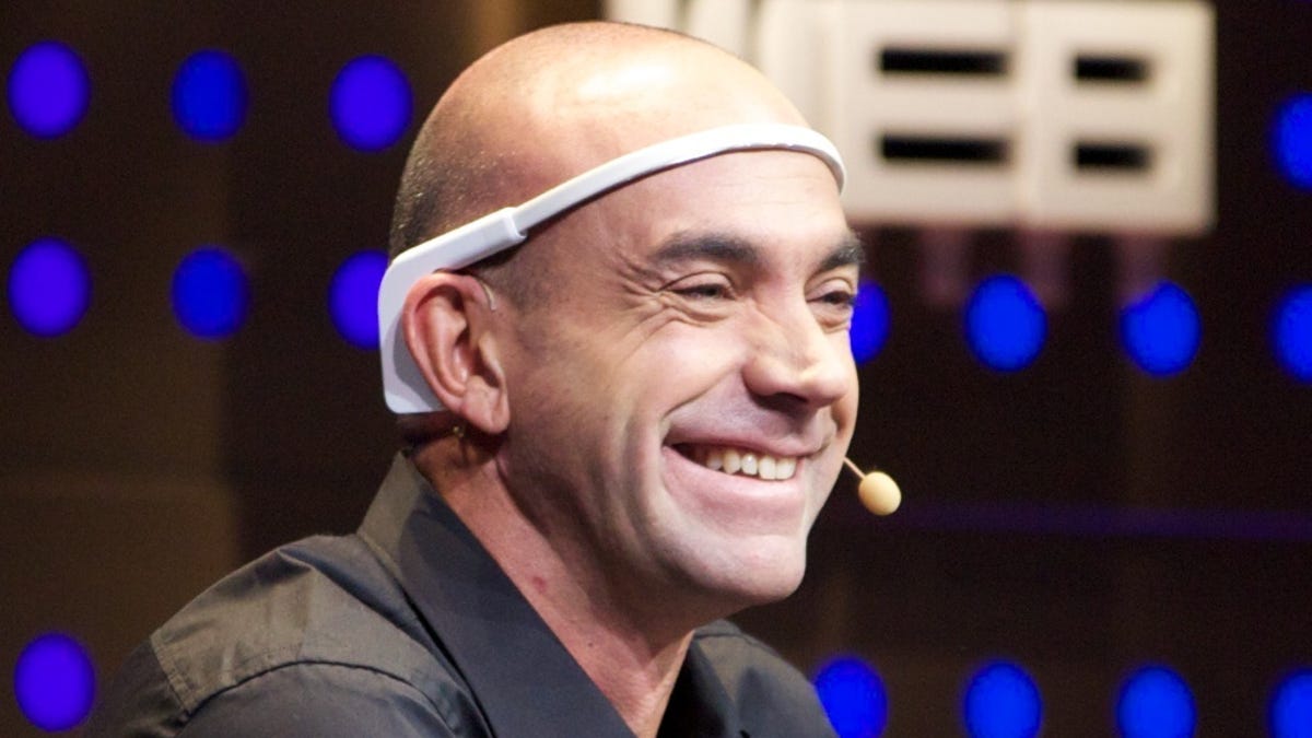 Loic Le Meur wears InteraXon's brainwave-operated computer controller.