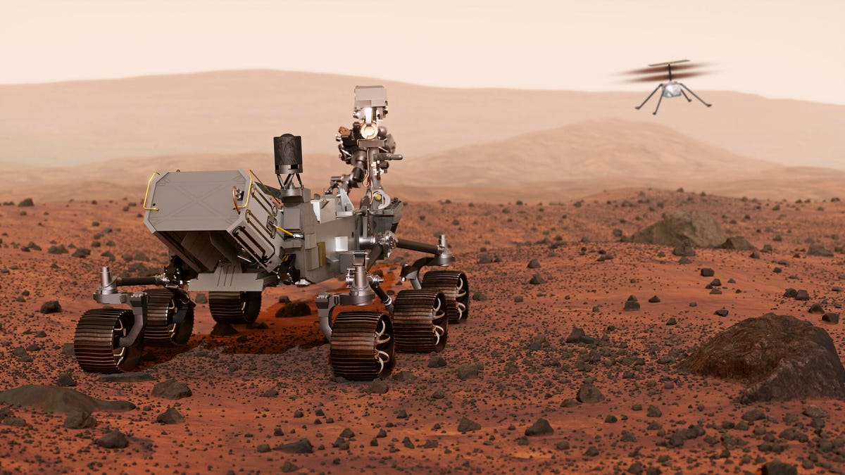 Art of the Mars Perseverance rover with its drone in the distance.