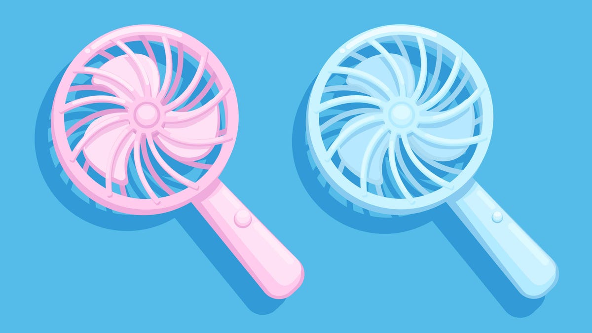 A pink fan and a blue fan against a blue background