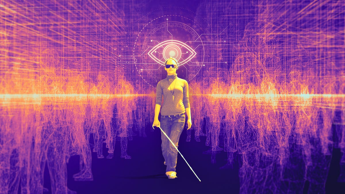 A blind woman with a cane walks amid digitized concept art of unidentified people around her, and a digitized eye in the background