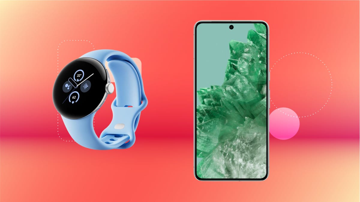 From left: Google Pixel Watch 2 in blue with black face, mint green smartphone against red orange background.