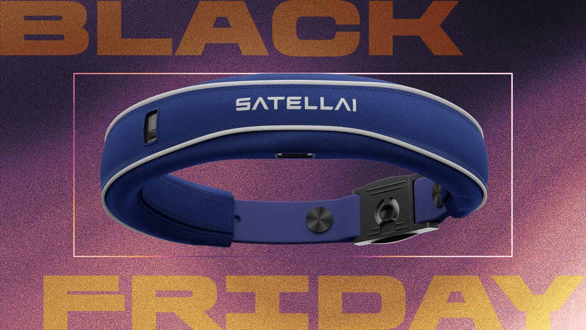 Shows the Satellai collar on a purple background.