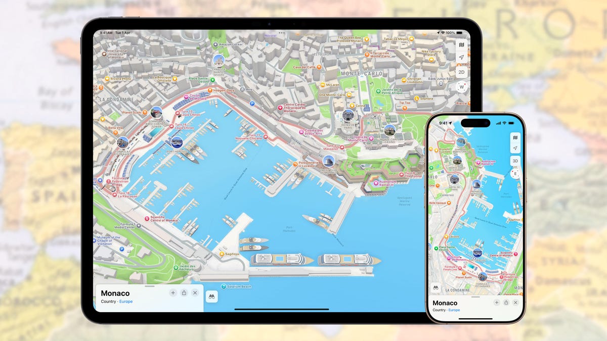 An iPad and iPhone displaying the Apple Maps app showing Monte Carlo, Monaco with the F1 race track and details showing.