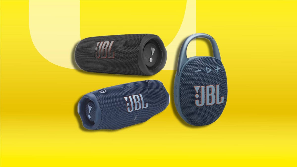Three JBL Bluetooth speakers on a bright yellow background.