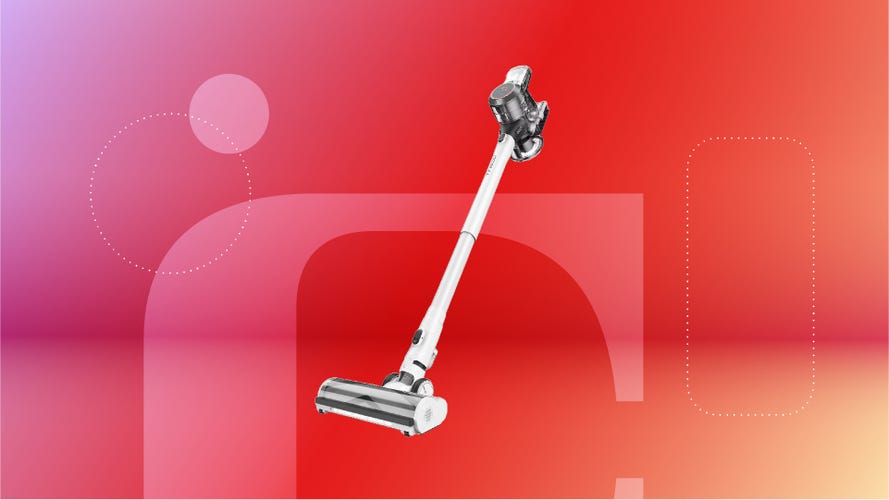 A white cordless vacuum cleaner against a red gradient CNET background.