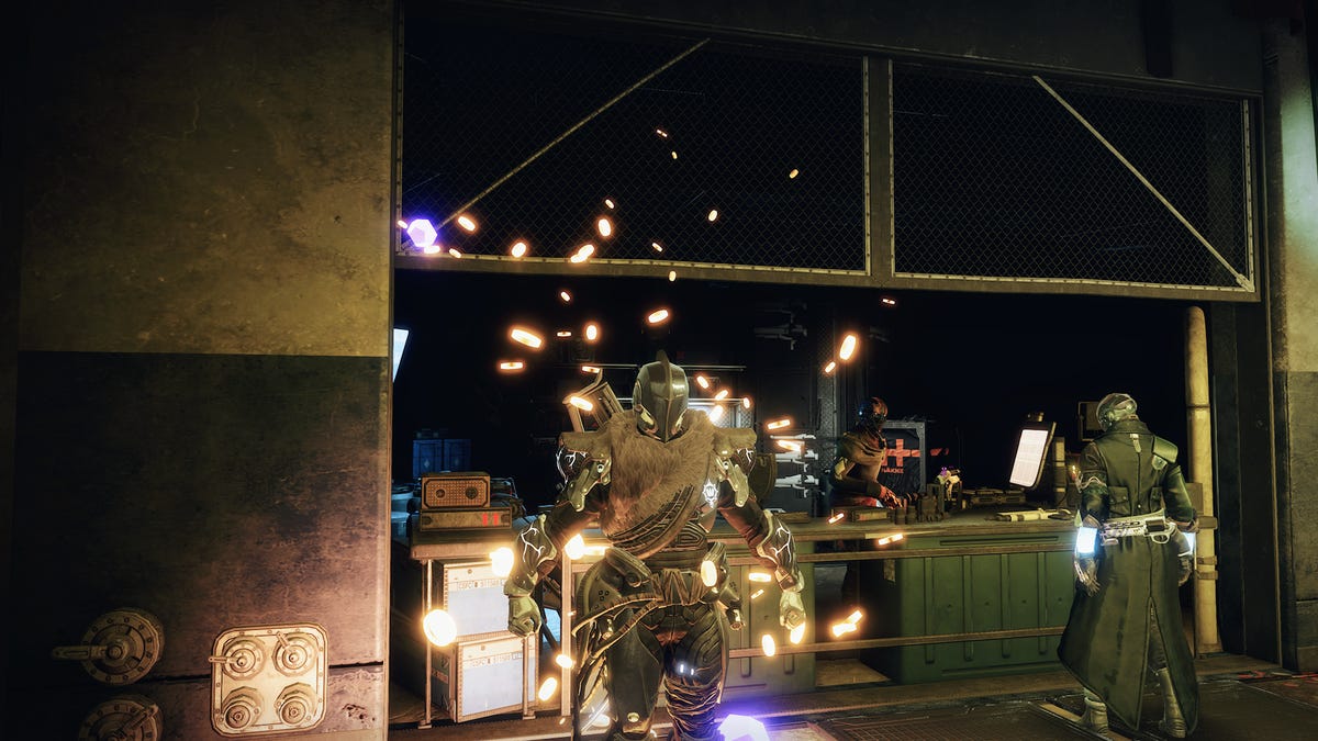 A Destiny 2 titan with coins and engrams raining down