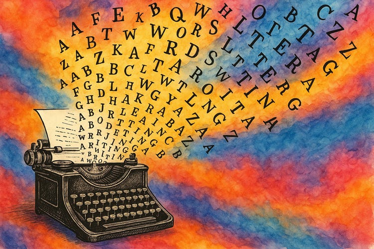 a typewriter with letters flowing out of it on a rainbow tie dye background