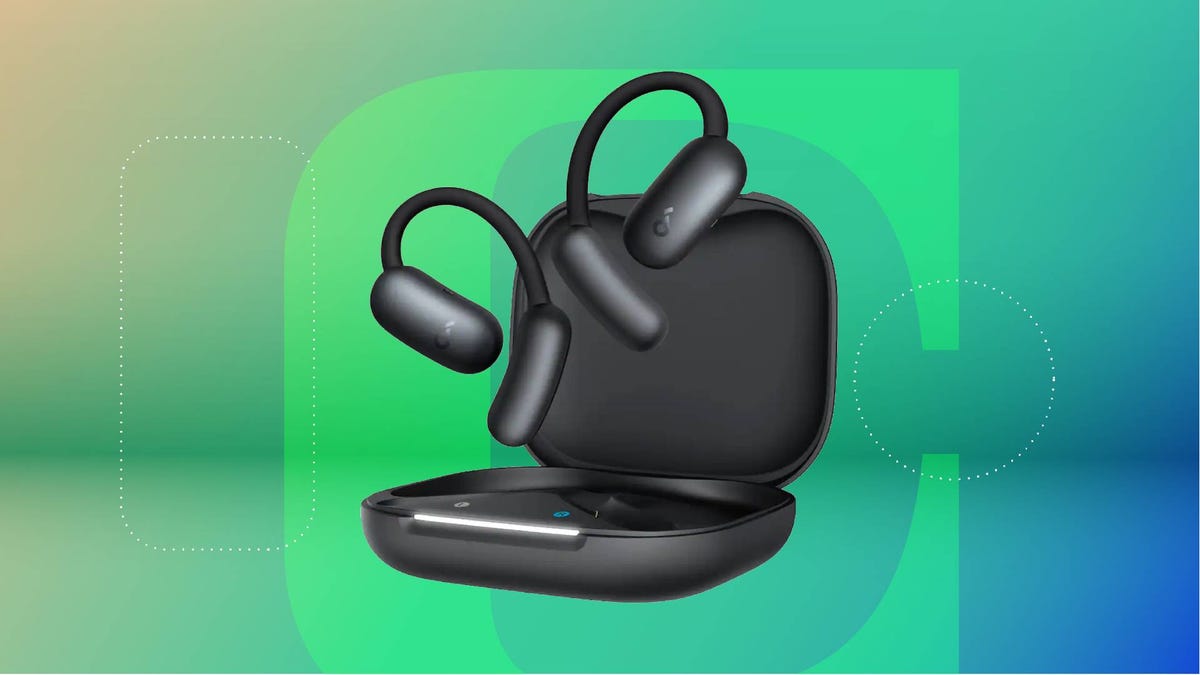 A pair of black open-earbuds and charging case against a green gradient CNET background.