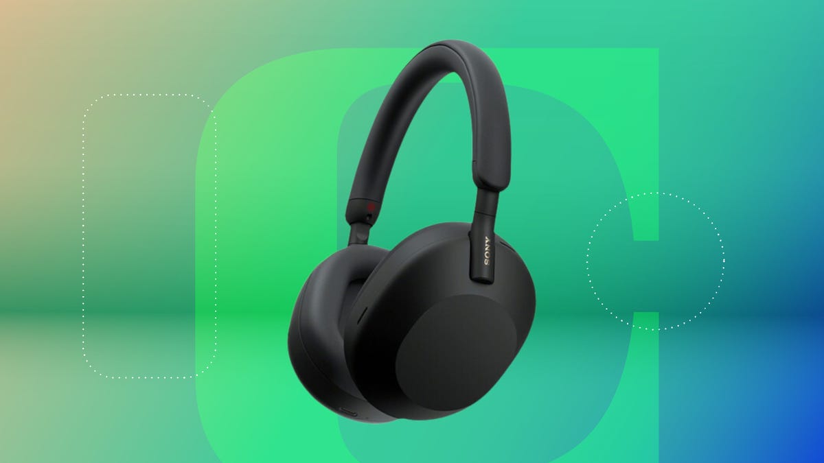 Shows the Sony WH-1000XM5 headphones on a green background.