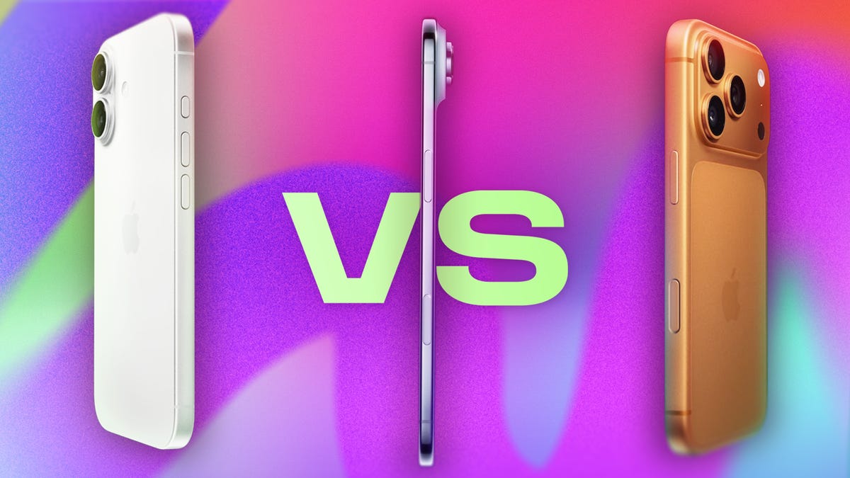 An iPhone 17, iPhone Air, and iPhone 17 Pro lined up against a colored background with "vs" between them.