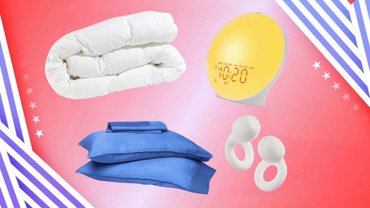 sleep accessories against a background of red, white and blue