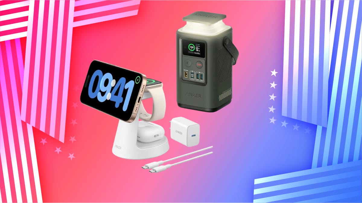 From left: Anker white MagSafe wireless charger and dark grey power bank with LED light. Background: stripes on right and left border, red and blue gradient.