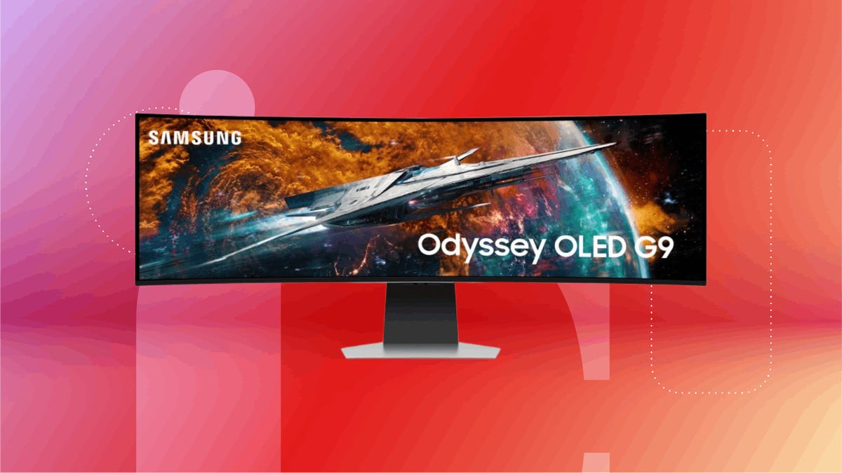 Samsung Odyssey G9 curved gaming monitor on red CNET background