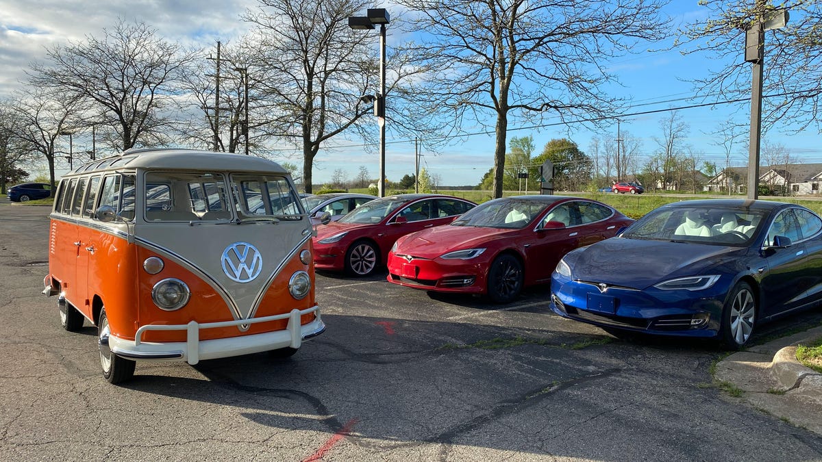 1967 Volkswagen Type 2 Bus with Tesla Model S sedans