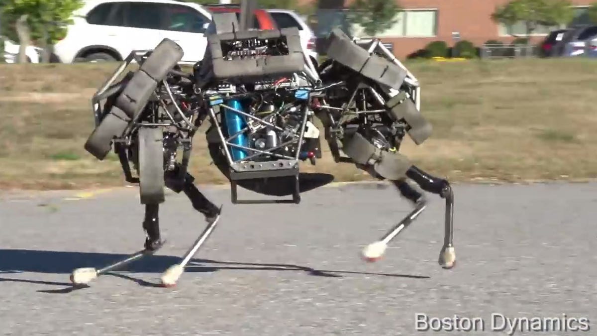 Boston Dynamics' gas-powered WildCat robot, which can gallop across a parking lot, is now part of Google's robotics program.
